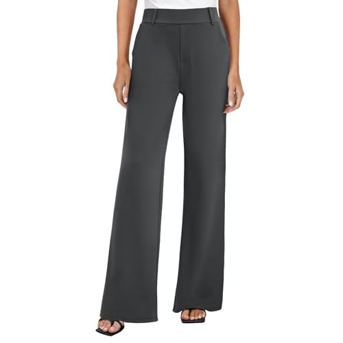 FireSwan Women's Wide Leg Dress Pants High Waisted Stretchy Work Trousers Business Casual Office Pull on Slacks with Pockets Dark Grey XX-Large