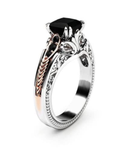 925 Sterling Silver Natural Gradient Square Zircon Ring Black Agate Black Square Diamond Princess Ring Engagement Ring Women's Size 6-10