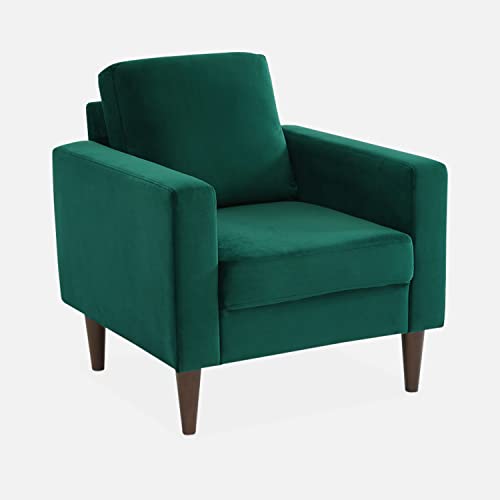 Alice's Home - Fauteuil scandinave en Velours Vert Anglais - Bjorn - Canapé 1 Place Fixe Droit Pieds Bois d'hévéa Effet Bois de Noyer