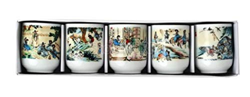 Shop of Korea Korean Traditional Soju Glass Set - 5 Rectangular Porcelain Liquor Cups, 7.5 oz Each - Enjoy Shin Yun-bok's Art with Your Favorite Drink