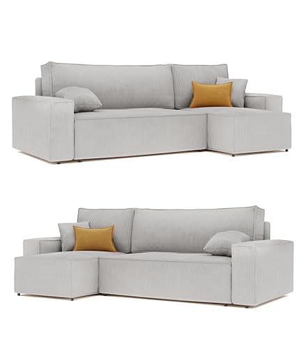 GREKPOL 244x145 Sofa mit Schlaffunktion (200x125) - Cord Sofa 3 Sitzer - Hellgrau Ecksofa mit Schlaffunktion und Bettkasten - Schlafsofa mit Bettkasten - Couch – Bild 7