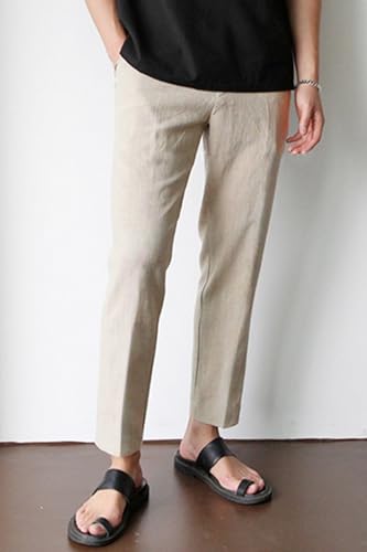 Image of GINGTTO Linen Pants Men Slim Fit Elastic Waistband Lightweight Summer Beach Fashion Casual Pant