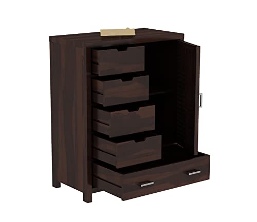 Image of Solid Sheesham Wood 5-Drawer Wooden Chest of Drawers with 2-Shelf Storage - Elegant and Spacious Dresser for Your Home (Walnut Finish)