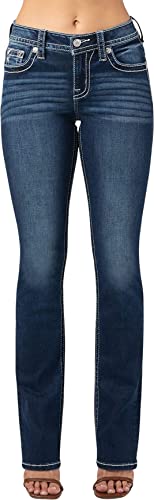 Miss Me Women's Mid-Rise Snow Wings Slim Boot Cut Jeans With Faux Flap Pockets (Dark Blue, 30W X 34L) #TOP1