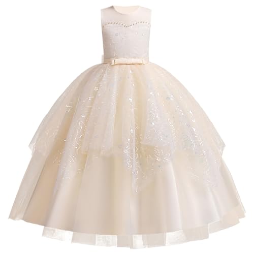 IDOPIP Vestido de flores para niñas, encaje bordado, con lazo, sin mangas, tul, boda, dama de honor, cumpleaños, fiesta formal, vestido largo para concurso de graduación, champán, 9-10 años