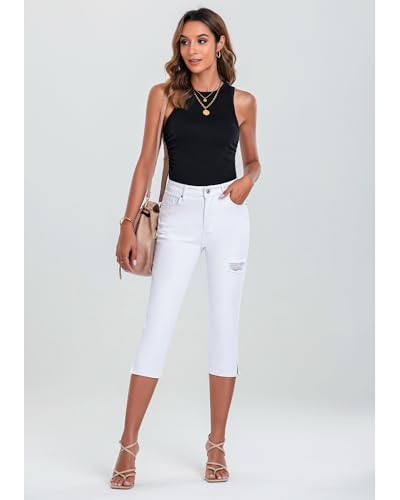 GRAPENT Capris Jeans for Women High Waisted Stretchy Ripped Skinny Denim Capri Pants Distressed Cropped Jeggings Casual4