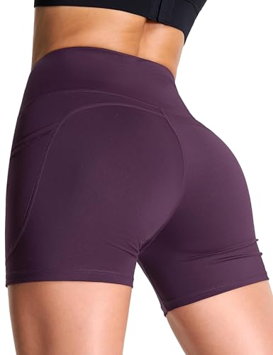 Image of THE GYM PEOPLE High Waist Yoga Shorts for Women's Tummy Control Fitness Athletic Workout Running Shorts with Deep Pockets