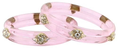 Image of NMII Diamond Glass Bangles Crystal Kada Set For Women & Girls Adorned with Golden Zircon Stones | Trending Girls Bangles Bracelet | Transparent Chudi Kangan For Wedding, Party, Daily, Ethnic- Set of 2