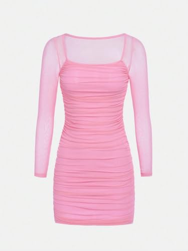 Verdusa Teen Girl's Bodycon Dress Mesh Long Sleeve Square Neck Dress Party Graduation Dress3