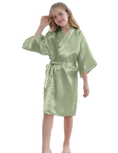 SEALINF Girls Kids Solid Color Silky Satin Kimono Robe for Wedding Spa Party, Short