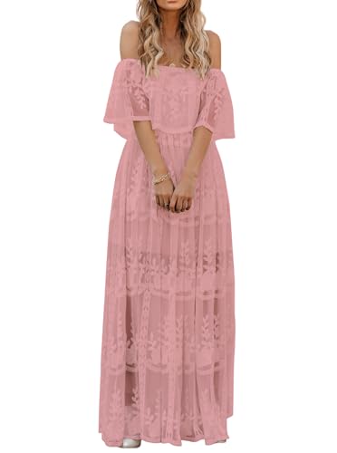 Image of HOYISHION Women's Off The Shoulder Floral Lace Maxi Dress White Bridesmaid Wedding Party Maternity Photoshoot Long Dresses