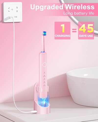 Image of Rotating Electric Toothbrush for Adults, 8 Brush Heads (2 Types) & Travel Case, 5 Cleaning Modes Rechargeable Power Toothbrush with 2-Minute Smart Timer, Pink