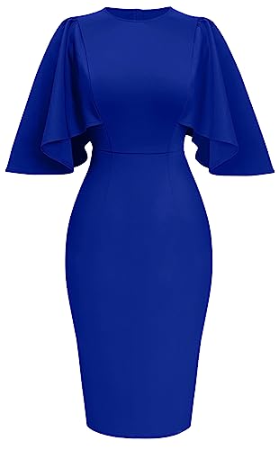 Memoriesea Women's Ruffle Flared Sleeve Bodycon Pencil Formal Cocktail Midi Dress