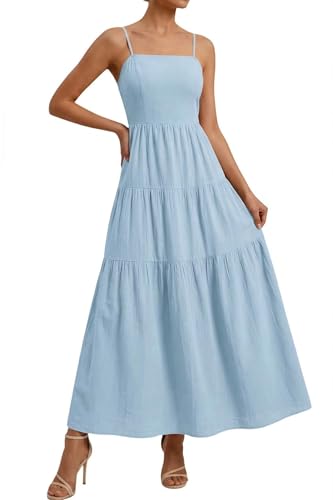Okiwam Women's Summer Dress 2026 Casual Boho Sleeveless Spaghetti Strap Smocked Maxi Dress Ruffle Long Beach Sundresses-XL Blue