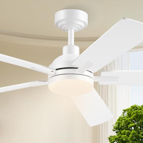 Image of JSAITEE 52 Inch Smart Ceiling Fan with Lights, Remote & App Control, DC Reversible Motor, 6 Speeds Quiet 35dB, 3CCT Dimmable LED, Low Profile Modern Ceiling Fans for Bedroom Living Room, White