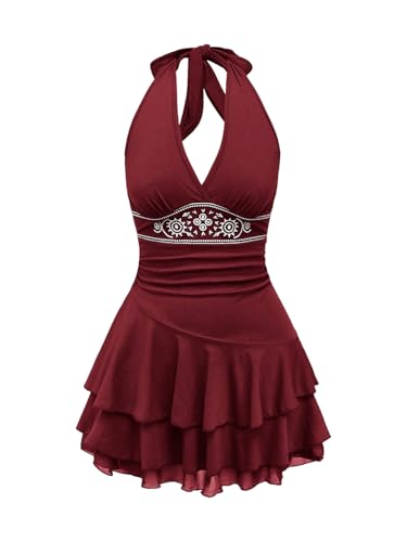 Image of Verdusa Women's Plus Size Halter Mini Dress Ruched Ruffle Y2K Hippie Dress Western Outfits Boho Dresses