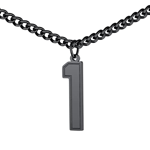 FindChic Sports Jersey Number 0 to 9 Necklaces for Men Boys Stainless Steel/ 18K Gold Plated/Black Custom 00-999 2/3 Digits Number Pendant Personalized Jewelry, with Gift Box number 1 Black