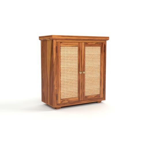 Image of Solid Sheesham Wood Sideboard Cabinet for Living Room | Wooden Storage Cabinet with 2 Cane Doors & Shelf | Modern Rattan Design Sideboard for Home (Honey Finish)