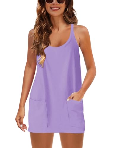 Image of Lianlive Women Athletic Mini Dresses Built-in Shorts Set Summer Sleeveless Sundress Hot Shot Mini Dress