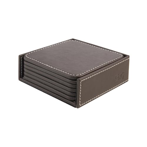 Bardak Altlığı, 6'lı Set, Masaüstü Kare Cup Coaster, Vegan Suni Deri, 11x11 cm., Kahverengi