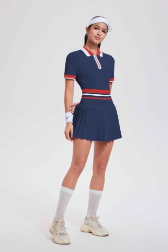 Image of Tennis Skirt Sets for Women Zipper Color Block High Waisted Golf Polo Two Piece Skirt Set Women 2 Piece Outfits