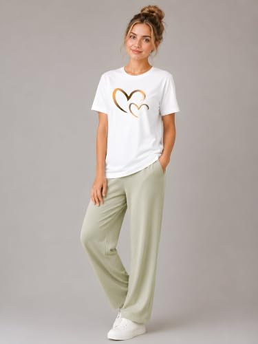 Image of ELVIA Women's Pure Cotton Top and Pyjama Co-Ord Set | Double Heart Graphic Printed Night Suit | Regular Fit Half Sleeve Round Neck T-Shirt with Pajama Sleepwear Loungewear Set