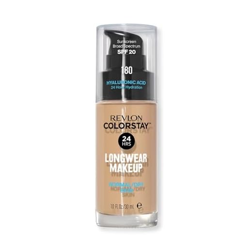 REVLON – ColorStay Makeup, Base de Maquillaje SPF 20 con Ácido Hialurónico, Sin Aceites, 24 h de Duración, Acabado Natural, Resistente al Agua, para Piel Normal y Seca, Tono 180, Sand Beige – 30 ml