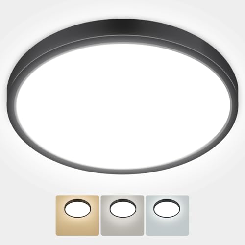 hepside Plafonnier LED, 3 couleurs - 3000K/4000K/6500K, 39cm IP44 Etanche Lampe plafond,Moderne, Rond, Lampe Salle de Bain Plafond pourSalon,Chambre,Chambre d'enfant,Cuisine,Couloir,Noir