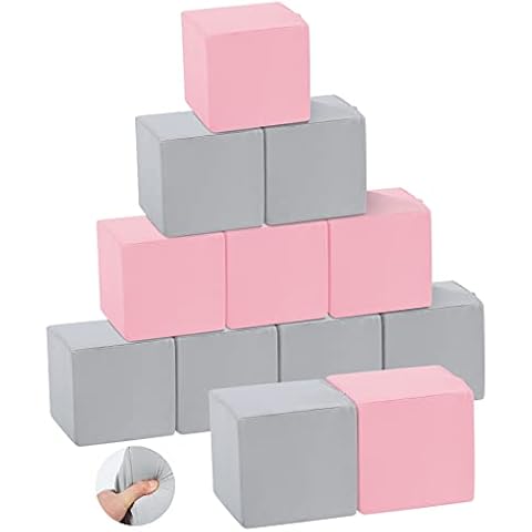 TRENDBOX 12 Pcs Toddler Foam Blocks, 5.5inch Soft Foam Cubes Blocks with Detachable Washable Cover, Soft Play Blocks for Toddlers and Kid （Light Gray & Pink） Cover