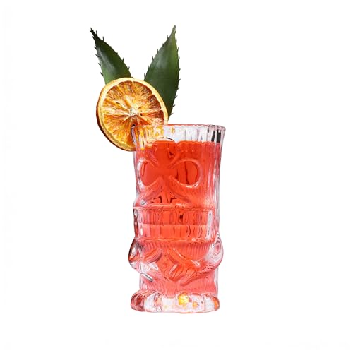 bar@drinkstuff Waka Glass Tiki Mug 250ml Clear Glass Tiki Cocktail Mug with Detailed Tiki Face for Rum Cocktails Tropical Drinks Decorative Barware for Home Bar Parties Luaus Events
