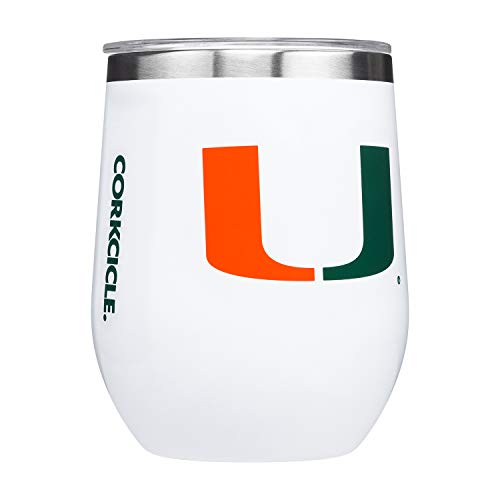 Stemless - 12oz NCAA Triple Insulated Stainless Steel Stemless Wine Glass, University of Miami Hurricane, Big Logo