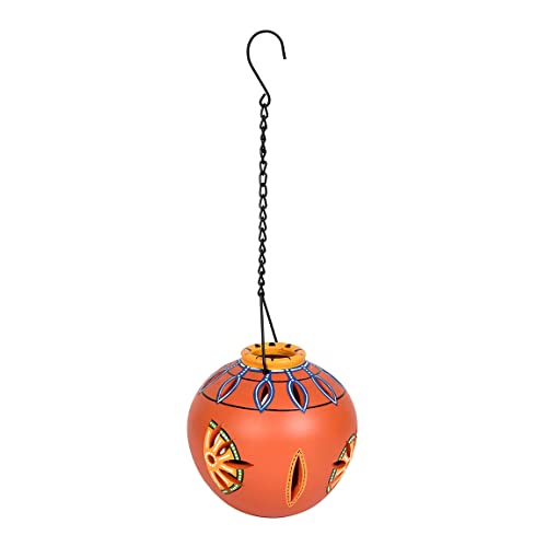Image of AAKRITI ART CREATIONS Terracotta Handpainted Orange Hanging Tea Light | Floral Art Handmade Hanging Decor | Matte Finish Terracotta Decorative Hanging Items for Home | Handpainted Decor