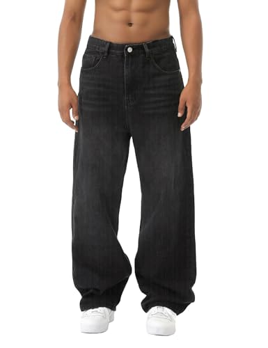 EMMIOL Baggy Jeans Men Wide Leg Y2k Hip Hop Skater Denim Cargo Pants Casual Loose Fit,Relaxed Long Trousers Black XXL