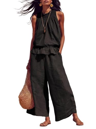 Conjuntos de playa para mujer en lino con top holgado y pantalones anchos de verano
