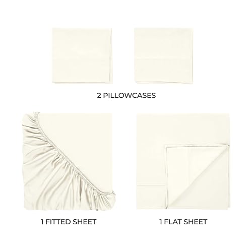 Superior Modal from Beechwood 300 Thread Bed Sheet Set, 1 Elastic Extra Deep Pocket Fitted Sheet, 1 Flat Sheet, 2 Pillowcases, Soft Cool Sheets, Sateen Weave, Bedding Essentials, King, Ivory