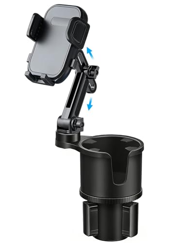 Cup Phone Holder for Car with Expandable Base, 2 in 1 Height-Adjustable Dual Cell Phone Holders Car Cupholder Mount, Friendly Fit Large Bottle & iPhone All Cellphone for Truck SUV | No Shake Design
