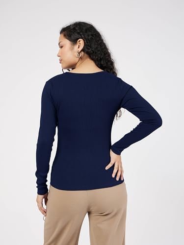 Image of sassafras Women's Slim Fit Full Sleeves Rib Square Neck Ribbed Basics - Casual Ribbed T-Shirt Tops