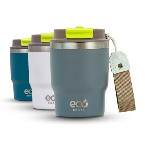ecoroots EVERGREEN – Taza Térmica Para Llevar I Café Termo Eco Acero Inox. I Taza Térmica Viaje Para Llevar Bebidas Frías y Calientes I Termo con Tapa Hermética y Cuerda Removible (GRIS PERLA, 360ML)