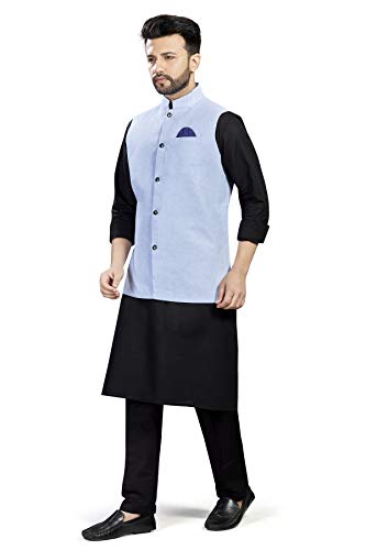Image of 100% Cotton Blend Stylish Trendy Solid Pattern Sleeveless Comfortable Men's Only Nehru Jacket For Regular Use Ethnic Wear Kurta Set(Sky Blue,Small)