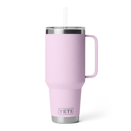 Image of YETI Rambler 42 oz Tumbler with Handle and Straw Lid, Travel Mug Water Tumbler, Vacuum Insulated Cup with Handle, Stainless Steel, Cherry Blossom - Textured
