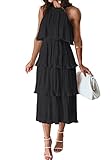 ZESICA Women's 2023 Summer Sleeveless Halter Neck Ruffle Tiered Layered Chiffon Flowy Swing Long Midi Dress,Black,Small