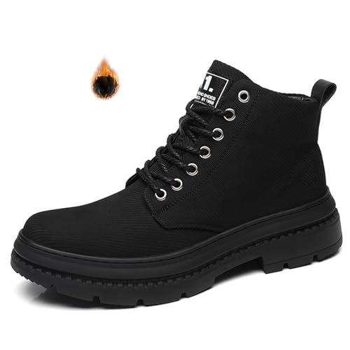 Men's Black Platform Lace-up Ankle Boots Round Toe Lug Sole Non-Slip Warm Chukka Boots Fashion Casual Motorcycle Combat Boots