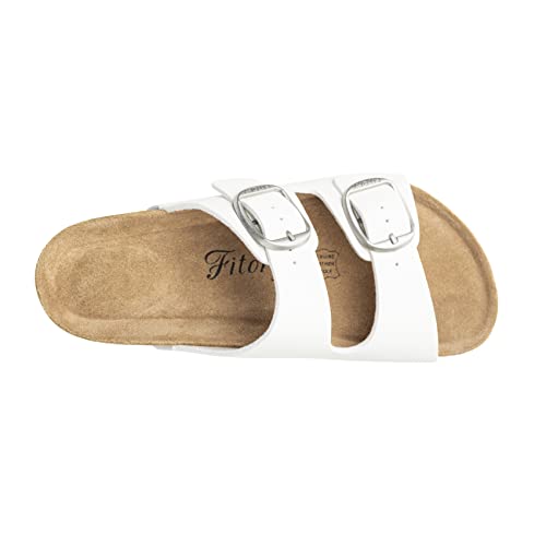 Image of FITORY Womens Flat Sandals with Cork Footbed, Open Toe Arch Support Slides Adjustable Slip On Slippers for Summer 2026 Size 6-11