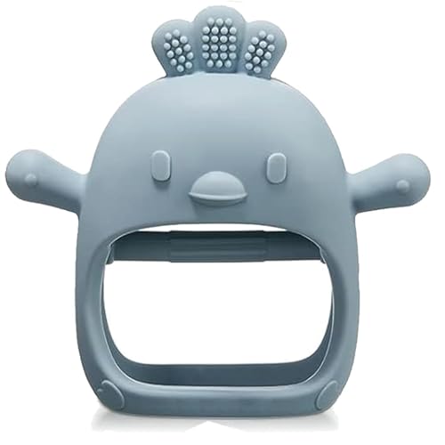 Image of PandaEar Silicone Baby Teething Toys| Baby Hand Teether Mitten for Sucking Needs| Chew Toys Hand Pacifier for Soothing Teething Pain Relief (Rattle Penguin Blue)