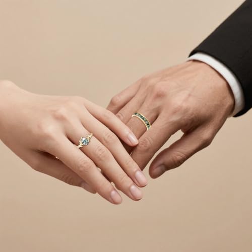 Natural Moss Agate Couple Ring Set Sterling Silver 10K 14K 18K Gold Personalized Moss Agate Wedding Engagement Ring Wedding Band for Men Women Matching Promise Rings for Couples Anniversary Engagement2