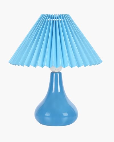 Image of Homesake Modern Small Ceramic Table Lamp, Classic Bedside Desk Lamp for Living Room Bedroom, Farmhouse Home Decor Nightstand Lamps Light with Fabric Pleated Shade, (Turquoise Pleated Shade)