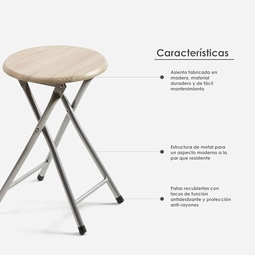 Miniatura 4 de The Secret Home - Pack De 4 Taburetes Plegables De Madera Y Metal - Alto. 45 X Ø30 Cm - Banqueta Sin Respaldo - Ideal Para Cocina, Terraza O Jardín - Color Madera Clara