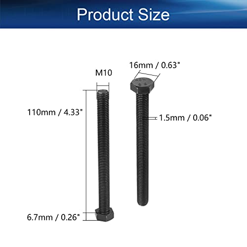 Image of Carbon Steel Hex Screw Bolts Hex Drive Fastener Rustproof Fully Threaded Metric Cap Bolts Black M10x110mm 5Pcs
