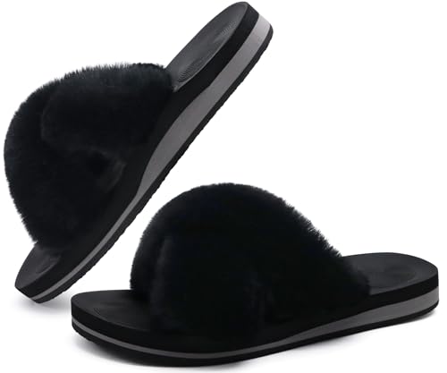 Image of COFACE Womens Fuzzy Slides Fluff Faux Fur Cross Slippers Open Toe Yoga Mat House Slipper Sandals With Arch Support For Indoor /Outdoor