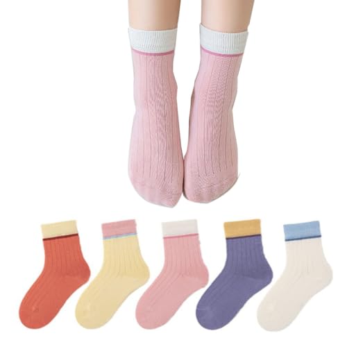 ILUFAM 5 Pairs Toddler Kids Crew Socks Boys Girls Two-Tone Casual Cotton Socks (US, Age, 1 Year, 3 Years, Girls)
